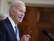 President Joe Biden speaks on the anniversary of the Inflation Reduction Act during an event in the East Room of the White House, Wednesday, Aug. 16, 2023, in Washington.