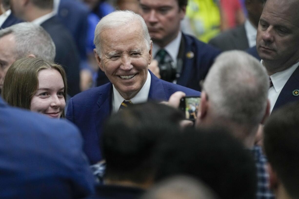 President Joe Biden greet supporters after speaking at Ingeteam Inc. Tuesday, Aug. 15, 2023, in Milwaukee.