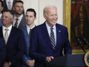 President Joe Biden speaks during an event celebrating the 2022 World Series champion Houston Astros baseball team in the East Room of the White House, Monday, Aug. 7, 2023, in Washington.