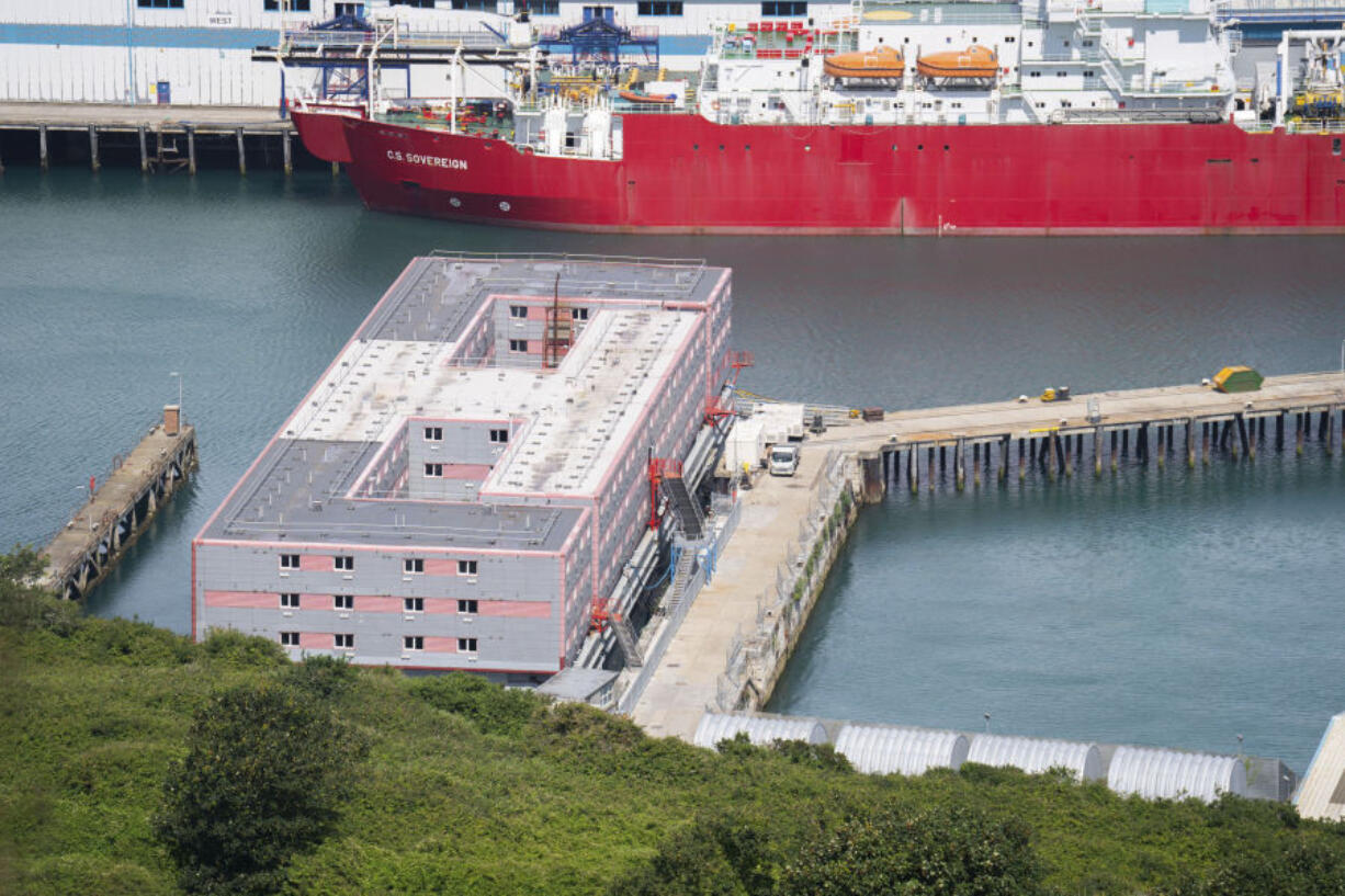 The Bibby Stockholm accommodation barge at Portland Port in Dorset, England, Tuesday August 1, 2023. The British Home Office have said around 50 asylum seekers would board the Bibby Stockholm, with the numbers rising to its maximum capacity over the coming months.