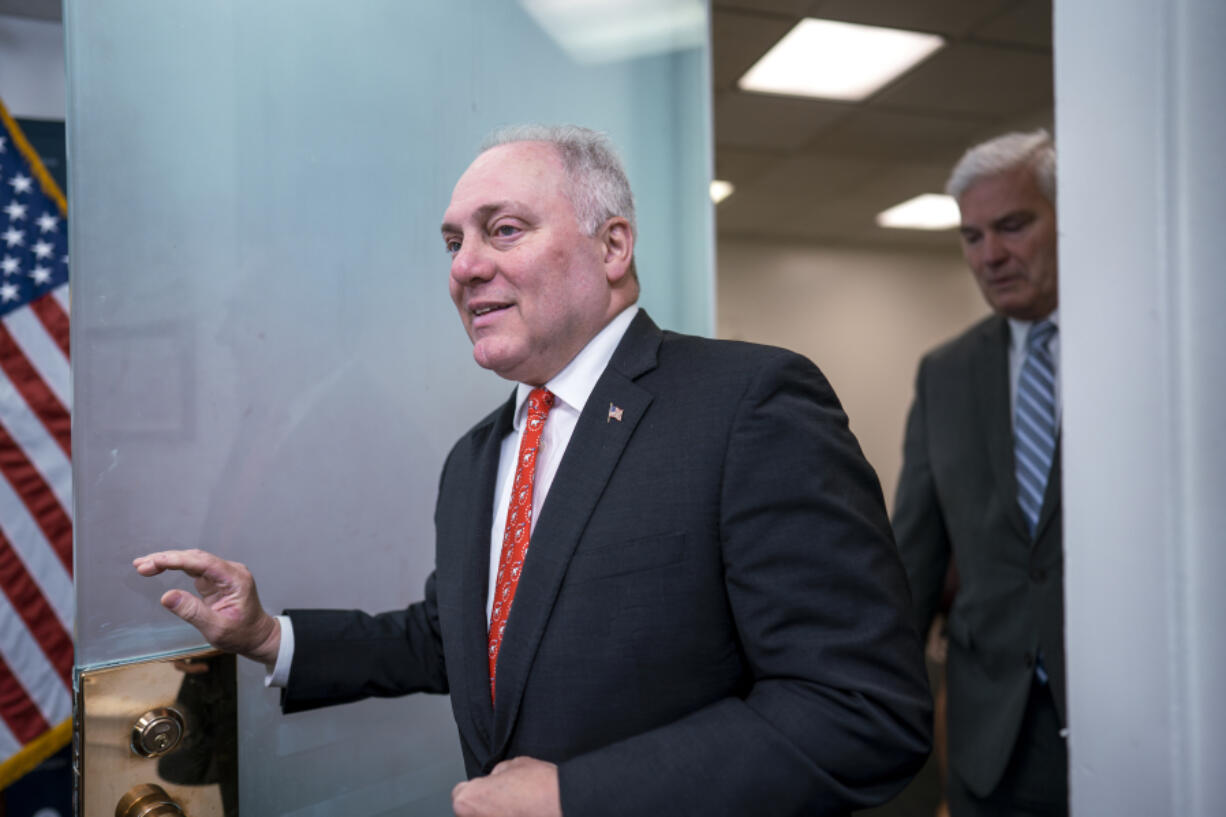 FILE - House Majority Leader Steve Scalise, R-La., joined at right by Majority Whip Tom Emmer, R-Minn., arrives for a news conference at the Capitol in Washington, Tuesday, June 6, 2023. Scalise has been diagnosed with blood cancer.(AP Photo/J.