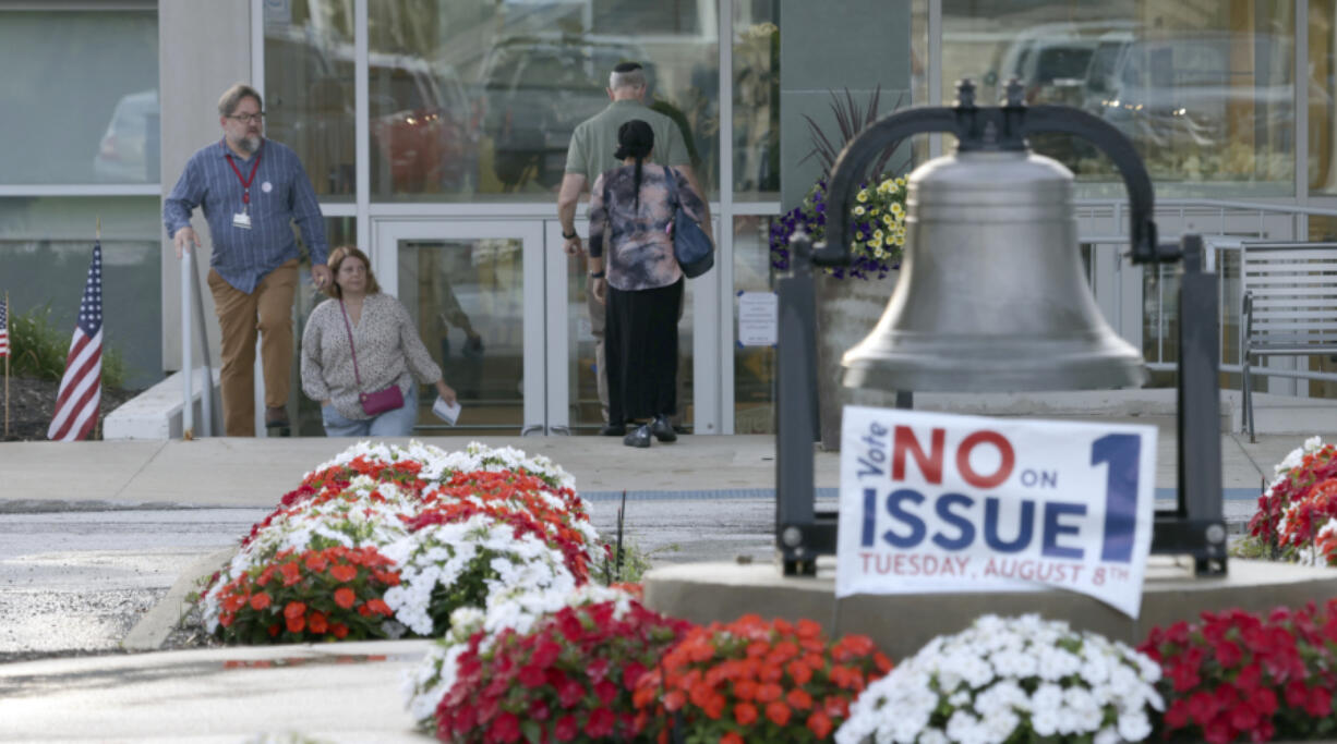 Voters come and go at the Beachwood Community Center in Beachwood, Ohio, on Tuesday, Aug. 8, 2023 to vote on Issue 1 during the special election held to decide the issue.