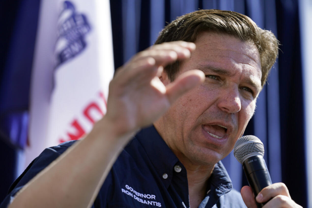 Republican presidential candidate Florida Gov. Ron DeSantis speaks during a Fair-Side Chat with Iowa Gov. Kim Reynolds at the Iowa State Fair, Aug. 12, 2023, in Des Moines, Iowa.