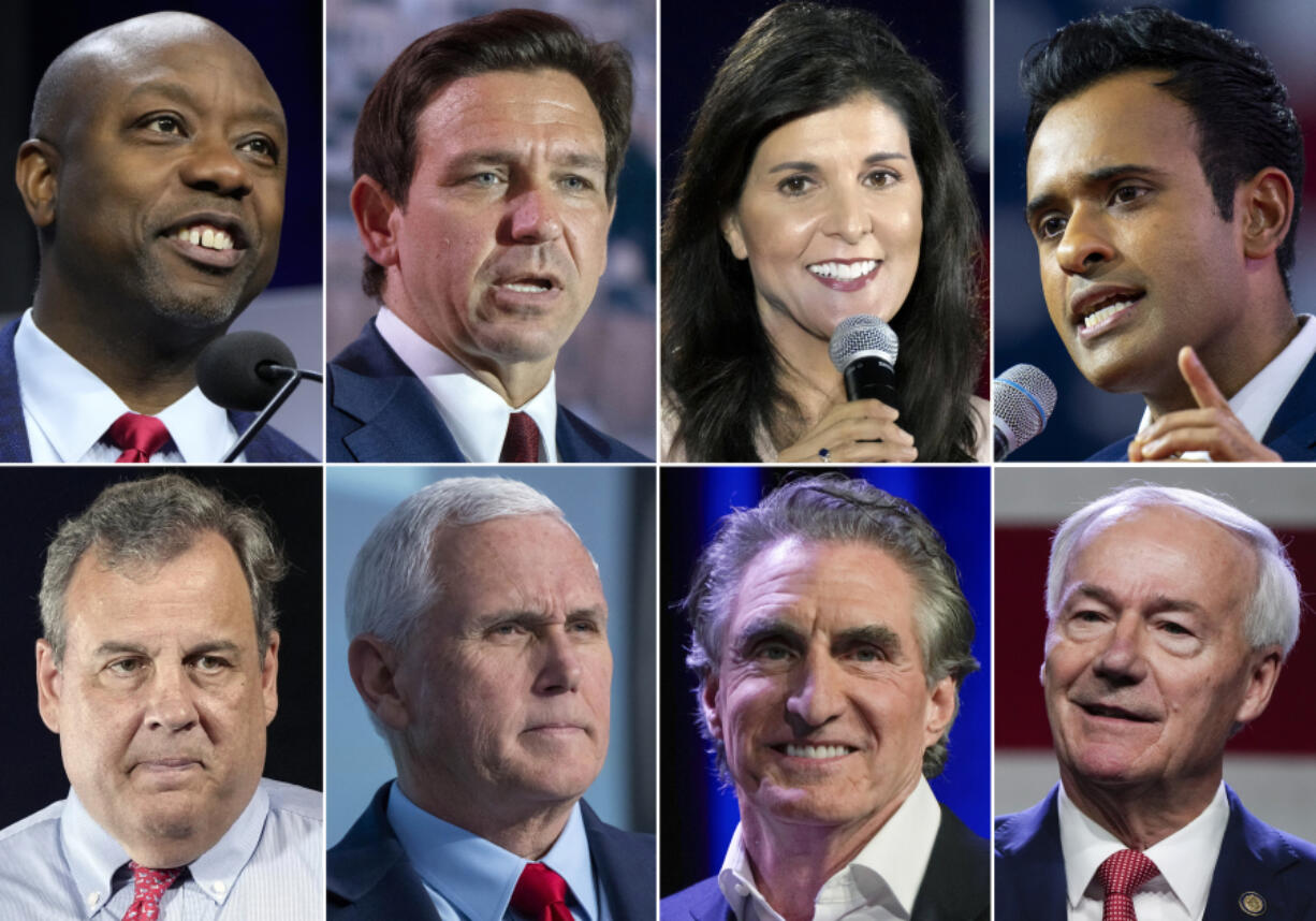 This combination of photos shows Republican presidential candidates, top row from left, Sen. Tim Scott, R-S.C., Florida Gov. Ron DeSantis, former South Carolina Gov. Nikki Haley, and Vivek Ramaswamy, bottom row from left, former New Jersey Gov. Chris Christie, former Vice President Mike Pence, North Dakota Gov. Doug Burgum and Governor Asa Hutchinson.