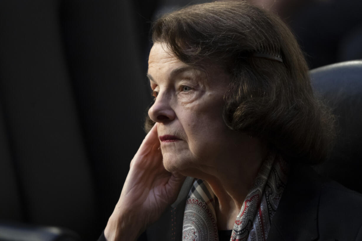 FILE - Sen. Dianne Feinstein, D-Calif., listens as the Senate Judiciary Committee begins debate on Ketanji Brown Jackson's nomination for the Supreme Court, in Washington, April 4, 2022.  (AP Photo/J.