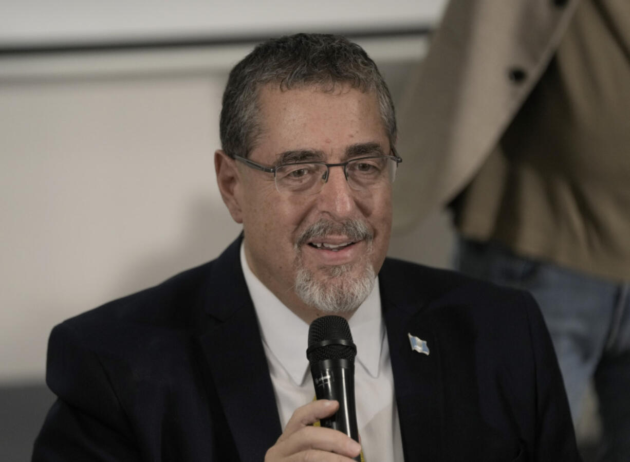 Presidential candidate Bernardo Arevalo speaks during a press conference after preliminary results showed him the victor in a presidential run-off election in Guatemala City, Sunday, Aug. 20, 2023.