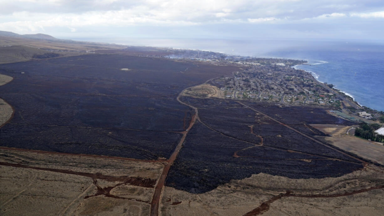 FILE - Wildfire devastation is seen outside the city Lahaina, Hawaii, Aug. 10, 2023. Experts say the fires are likely to transform the landscape in unwanted ways, hasten erosion, send sediment into waterways and degrade coral that's critically important to the islands, marine life and people who live near it.