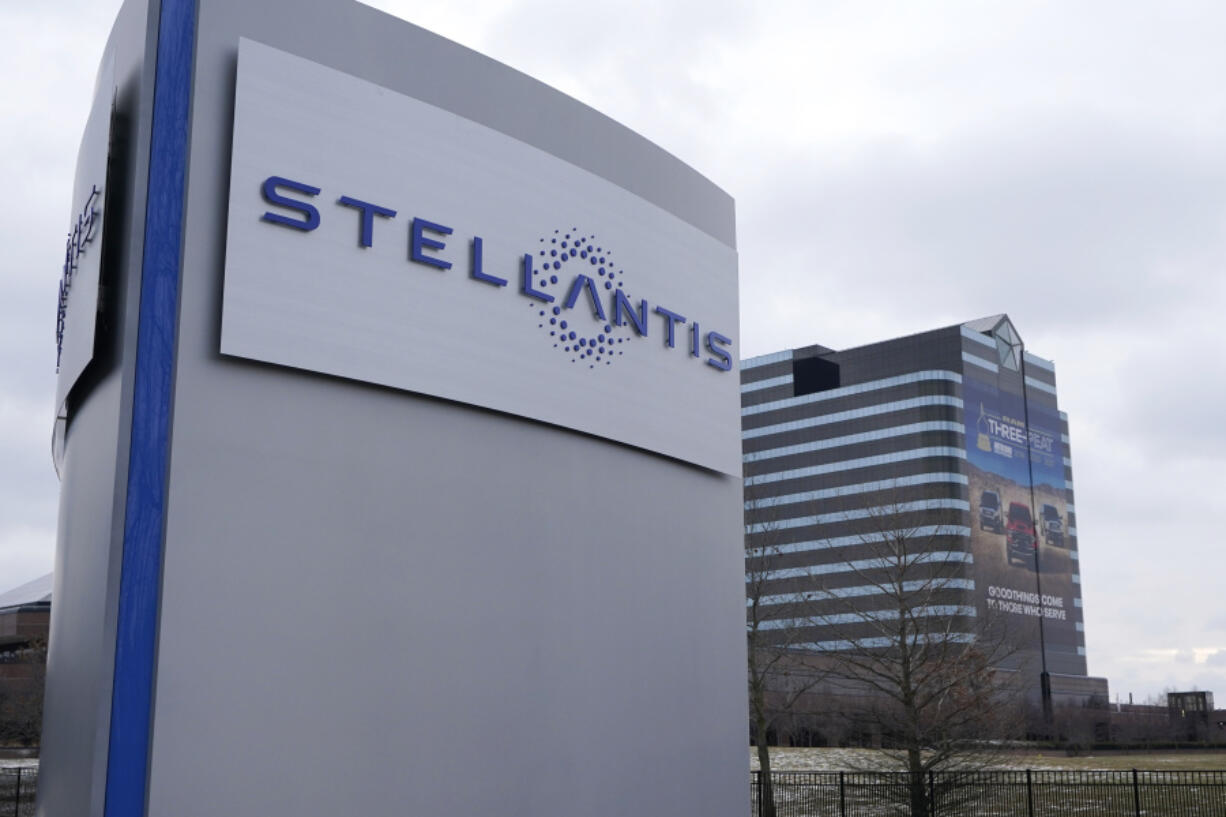 FILE - The Stellantis sign is seen outside the Chrysler Technology Center in Auburn Hills, Mich, Jan. 19, 2021. Stellantis CEO Carlos Tavares on Wednesday, July 26, 2023 dangled the possibility of relaunching a shuttered Illinois factory if it can be made more competitive as the United Auto Workers Union threatens a strike.