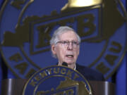 Sen. Mitch McConnell speaks at the Kentucky Farm Bureau annual Country Ham Breakfast at the Kentucky State Fair on Thursday, Aug. 24, 2023, in Louisville, Ky.