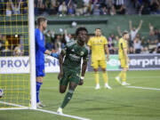 Portland Timbers midfielder Santiago Moreno celebrates his goal against Real Salt Lake during the first half of an MLS soccer match Wednesday, Aug. 30, 2023, in Portland, Ore.