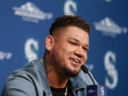 Former Seattle Mariners pitcher Felix Hernandez speaks during a media availability before a baseball game between the Mariners and the Baltimore Orioles, Friday, Aug. 11, 2023, in Seattle. Hernandez will be inducted into the Mariners Hall of Fame on Aug. 12.