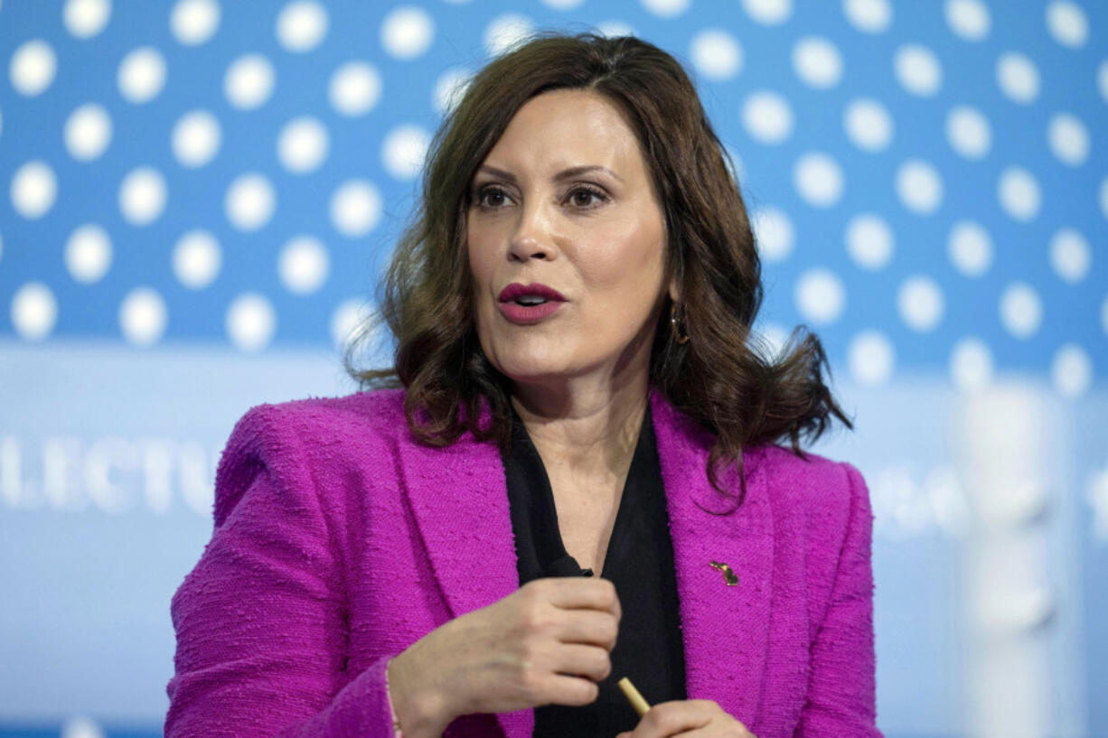 FILE - Michigan Gov. Gretchen Whitmer speaks at the SelectUSA Investment Summit, May 4, 2023, in Oxon Hill, Md. Nearly three years after authorities foiled a bizarre plot to kidnap Whitmer, the last defendants accused of taking part, Eric Molitor and brothers William Null and Michael Null, go on trial Monday, Aug. 21.