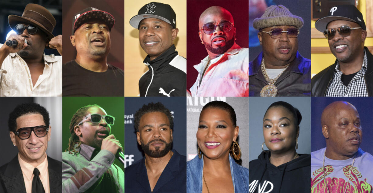 This combination of photos shows, top row from left, Big Daddy Kane, Chuck D, Doug E. Fresh, Jermaine Dupri, E40 and DJ Jazzy Jeff, bottom row from left, Kid Capri, Lil Jon, Method Man, Queen Latifah, Roxanne Shante and Too Short.