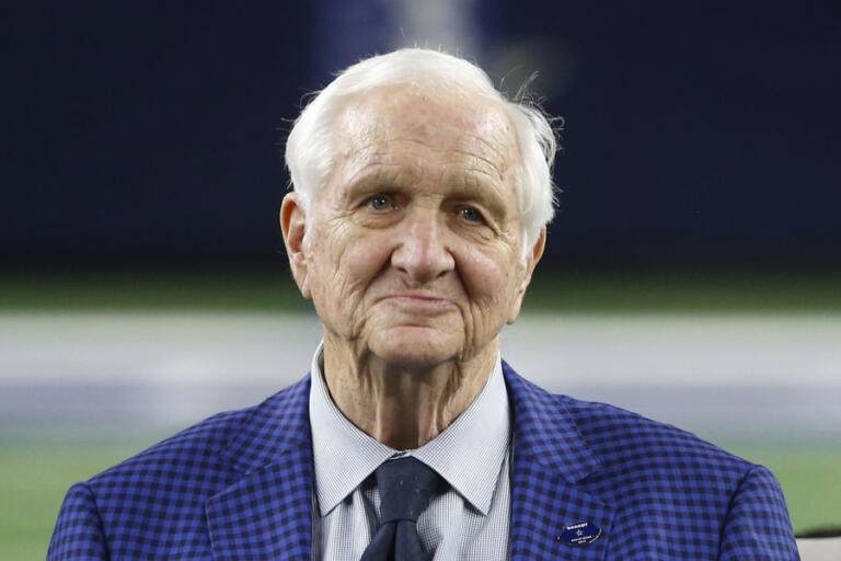 FILE - Gil Brandt is honored during his induction into the Dallas Cowboys Ring of Honor during half-time of an NFL football game between the Dallas Cowboys and the New Orleans Saints, in Arlington, Texas, Nov. 29, 2018. Gil Brandt, overshadowed by coach Tom Landry and general manager Tex Schramm as part of the trio that built the Dallas Cowboys into "America's Team" in the 1970s, has died. He was 91. The Pro Football Hall of Fame said Brandt died Thursday morning, Aug. 31, 2023.