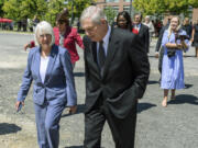 In this photo provided by Washington State University, U.S. Sen. Patty Murray, D-Wash., left, walks with U.S. Secretary of Agriculture Tom Vilsack, center, Tuesday, Aug. 1, 2023, before they took part in the ceremonial groundbreaking for a new USDA research facility at Washington State University in Pullman, Wash.