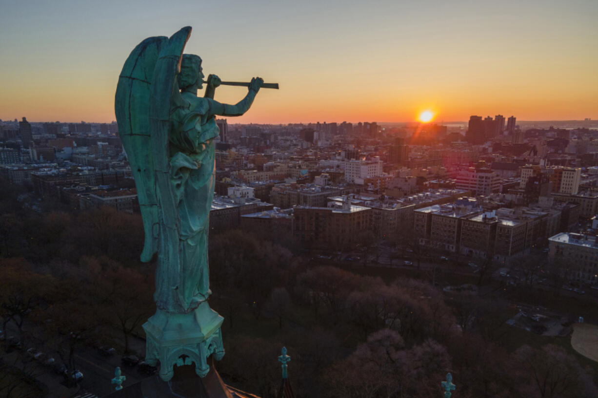 A bronze statue of the Archangel Gabriel at the Cathedral of St. John the Divine in New York.