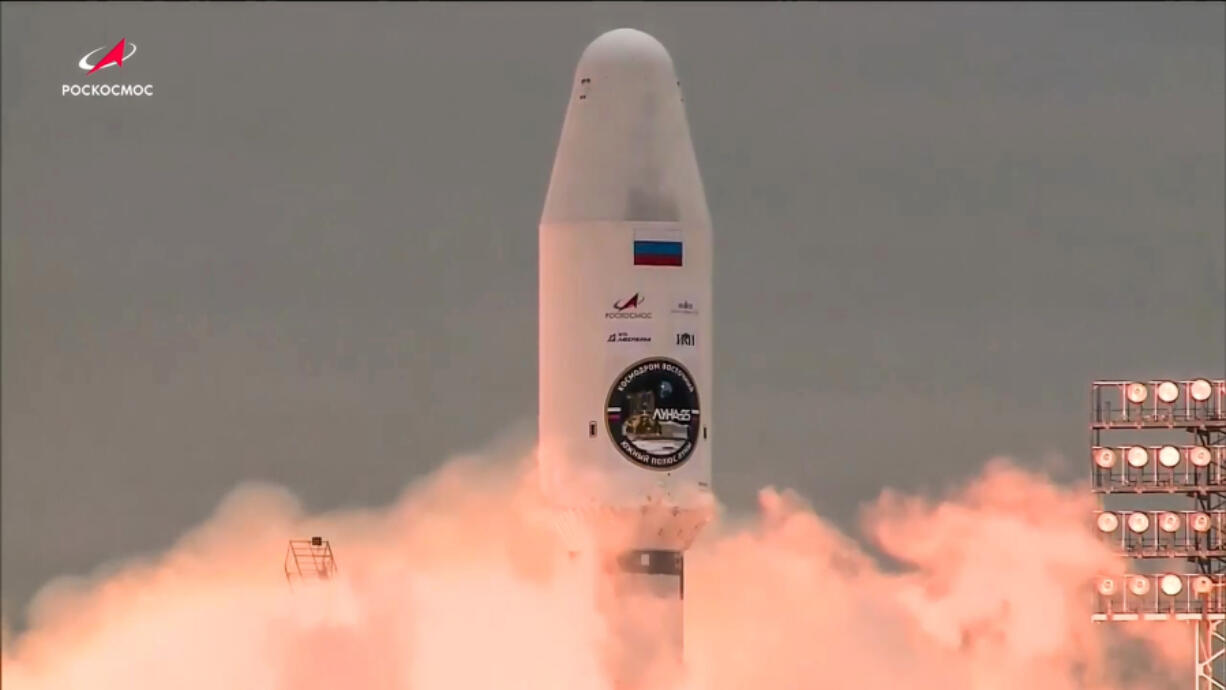 FILE - In this photo taken from video and released by Roscosmos State Space Corporation, the Soyuz-2.1b rocket with the moon lander Luna-25 automatic station takes off from a launch pad at the Vostochny Cosmodrome in the Russia's Far East, on Friday, Aug. 11, 2023. The failure of the robotic Luna-25 probe, which crashed onto the surface of the moon over the weekend, reflects the endemic problems that have dogged the Russian space industry since the 1991 collapse of the Soviet Union.