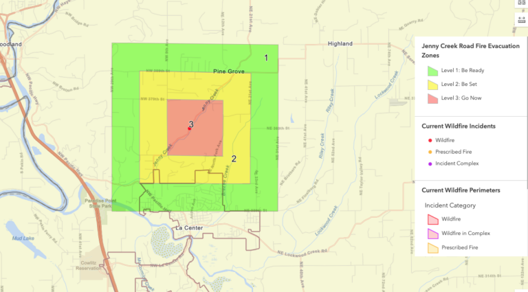 The evacuation zone around the Jenny Creek Road fire as of Thursday morning. For more information, visit https://rb.gy/hiegf.