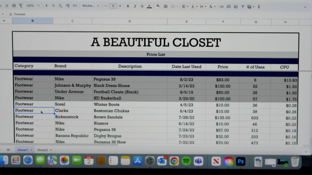 Jake Welch's spreadsheet is shown on his computer in Salt Lake City. Keeping track on each time he wears an item helps the 36-year-old brand manager know where to spend his clothing budget.