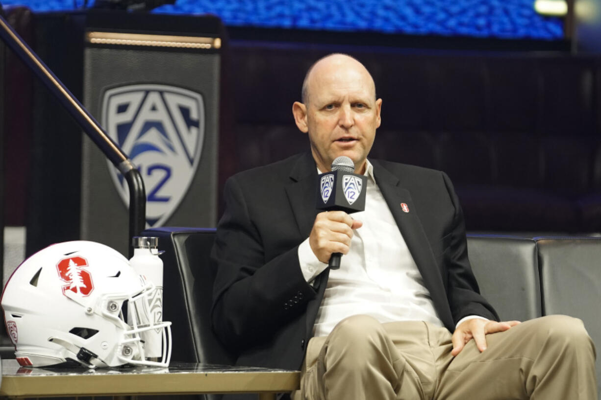 FILE - Stanford head coach Troy Taylor speaks at the NCAA college football Pac-12 media day Friday, July 21, 2023, in Las Vegas. Stanford opens their season at Hawaii on Sept. 1.