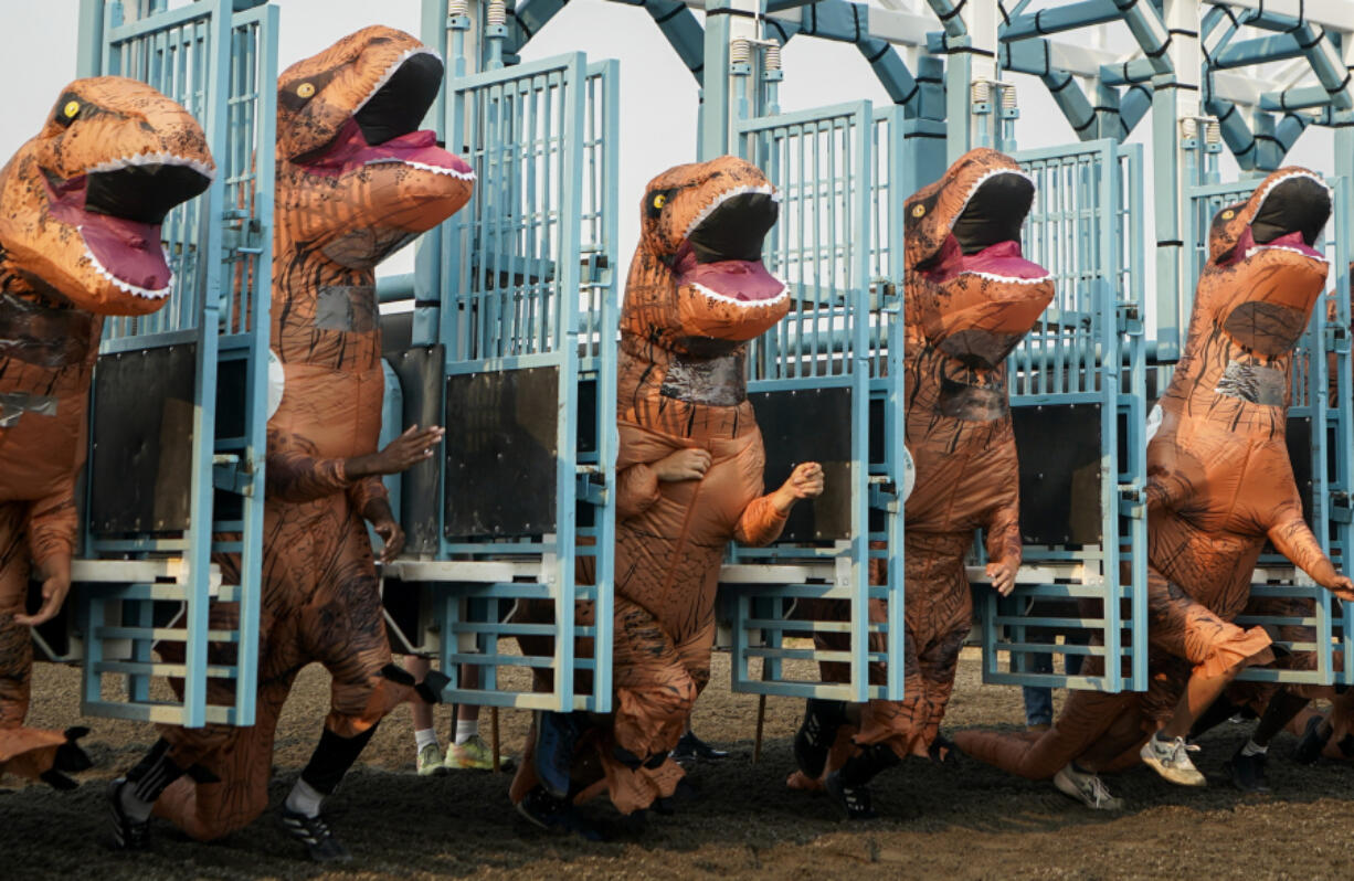 Racers leave the starting gates for the championship race during the "T-Rex World Championship Races" at Emerald Downs, Sunday, Aug. 20, 2023, in Auburn, Wash.