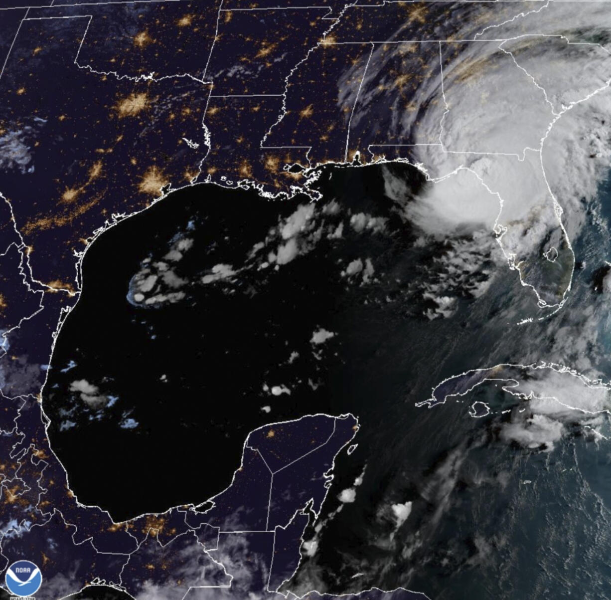 This image provided by NOAA shows shows Hurricane Idalia over Florida's Gulf Coast on Wednesday, Aug. 30, 2023.