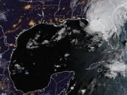 This image provided by NOAA shows shows Hurricane Idalia over Florida's Gulf Coast on Wednesday, Aug. 30, 2023.