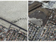 This combination of satellite images provided by Maxar Technologies shows an area of Cathedral City, Calif., on April 15, 2023, left, and the same area, right, Monday, Aug. 21, 2023, after Tropical Storm Hilary caused historic flooding to the area.