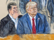 This artist sketch depicts former President Donald Trump, right, conferring with defense lawyer Todd Blanche, left, during his appearance at the Federal Courthouse in Washington, Thursday, Aug. 3, 2023. Trump pleaded not guilty in Washington's federal court to charges that he conspired to overturn the 2020 election.