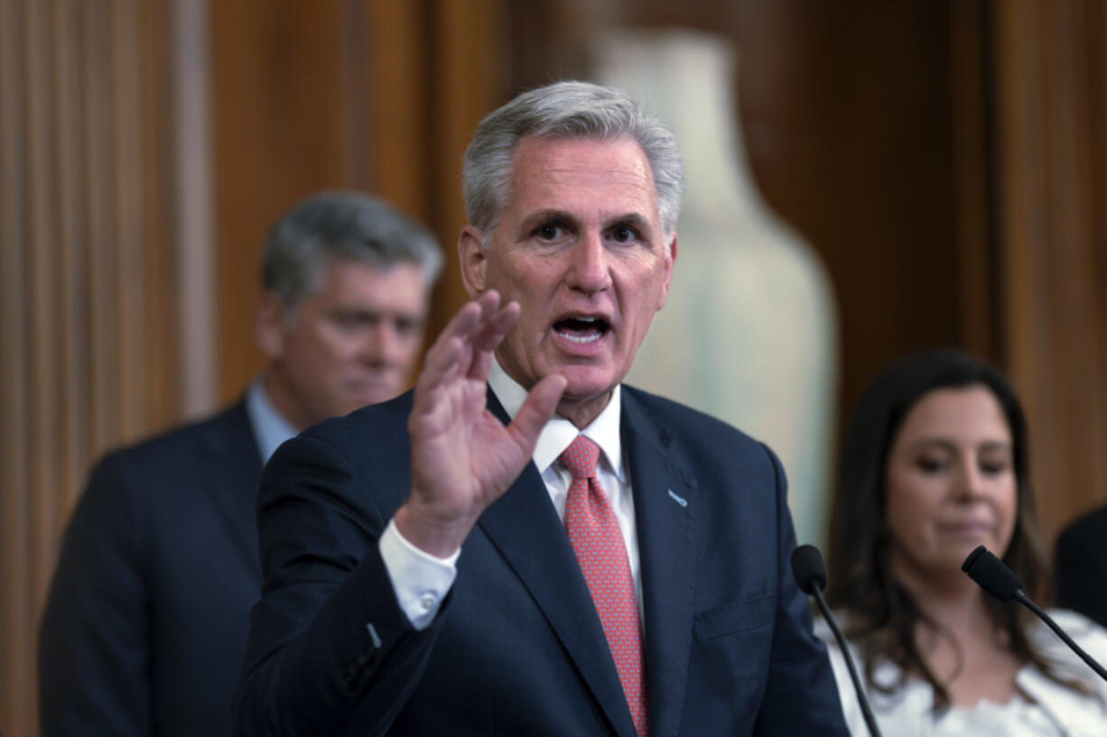 FILE - Speaker of the House Kevin McCarthy, R-Calif., holds a news conference as the House prepares to leave for its August recess, at the Capitol in Washington, July 27, 2023. As the defeated former President Donald Trump prepares to appear Thursday on federal charges that he orchestrated an unprecedented effort to overturn President Joe Biden's 2020 election, he faces no such dire warnings or recriminations. It's a piercing silence from Republicans as Trump towers over the field of Republican contenders for the presidency. (AP Photo/J.