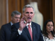 FILE - Speaker of the House Kevin McCarthy, R-Calif., holds a news conference as the House prepares to leave for its August recess, at the Capitol in Washington, July 27, 2023. As the defeated former President Donald Trump prepares to appear Thursday on federal charges that he orchestrated an unprecedented effort to overturn President Joe Biden's 2020 election, he faces no such dire warnings or recriminations. It's a piercing silence from Republicans as Trump towers over the field of Republican contenders for the presidency. (AP Photo/J.