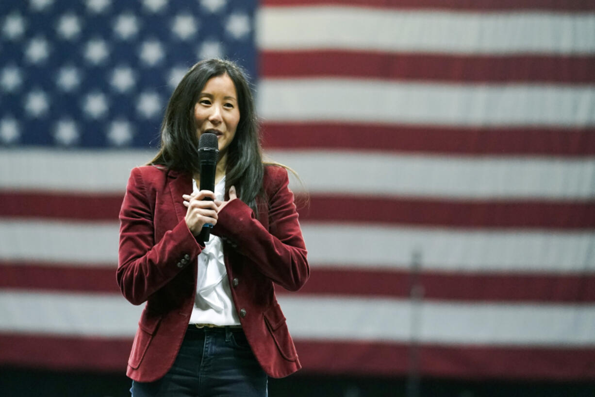 FILE - In this Saturday, Feb. 27, 2021 file photo, USA Gymnastics president and CEO Li Li Leung speaks during the Winter Cup gymnastics competition in Indianapolis. USA Gymnastics and athletic apparel giant Nike announced a new partnership agreement on Thursday, Aug. 3, 2023, what will run through the 2028 Los Angeles Olympics.