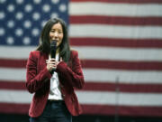 FILE - In this Saturday, Feb. 27, 2021 file photo, USA Gymnastics president and CEO Li Li Leung speaks during the Winter Cup gymnastics competition in Indianapolis. USA Gymnastics and athletic apparel giant Nike announced a new partnership agreement on Thursday, Aug. 3, 2023, what will run through the 2028 Los Angeles Olympics.