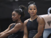 Jordan Chiles, right, and Simone Biles react during 2023 Xfinity U.S. Gymnastics Championships' training at SAP Center in San Jose, Calif., on Wednesday, Aug.