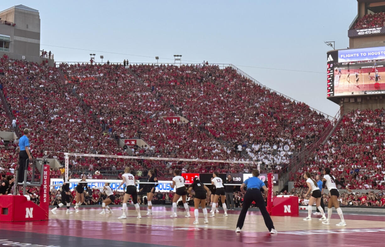 Nebraska and Omaha play a college volleyball match Wednesday, Aug. 30, 2023, at Memorial Stadium in Lincoln, Neb.