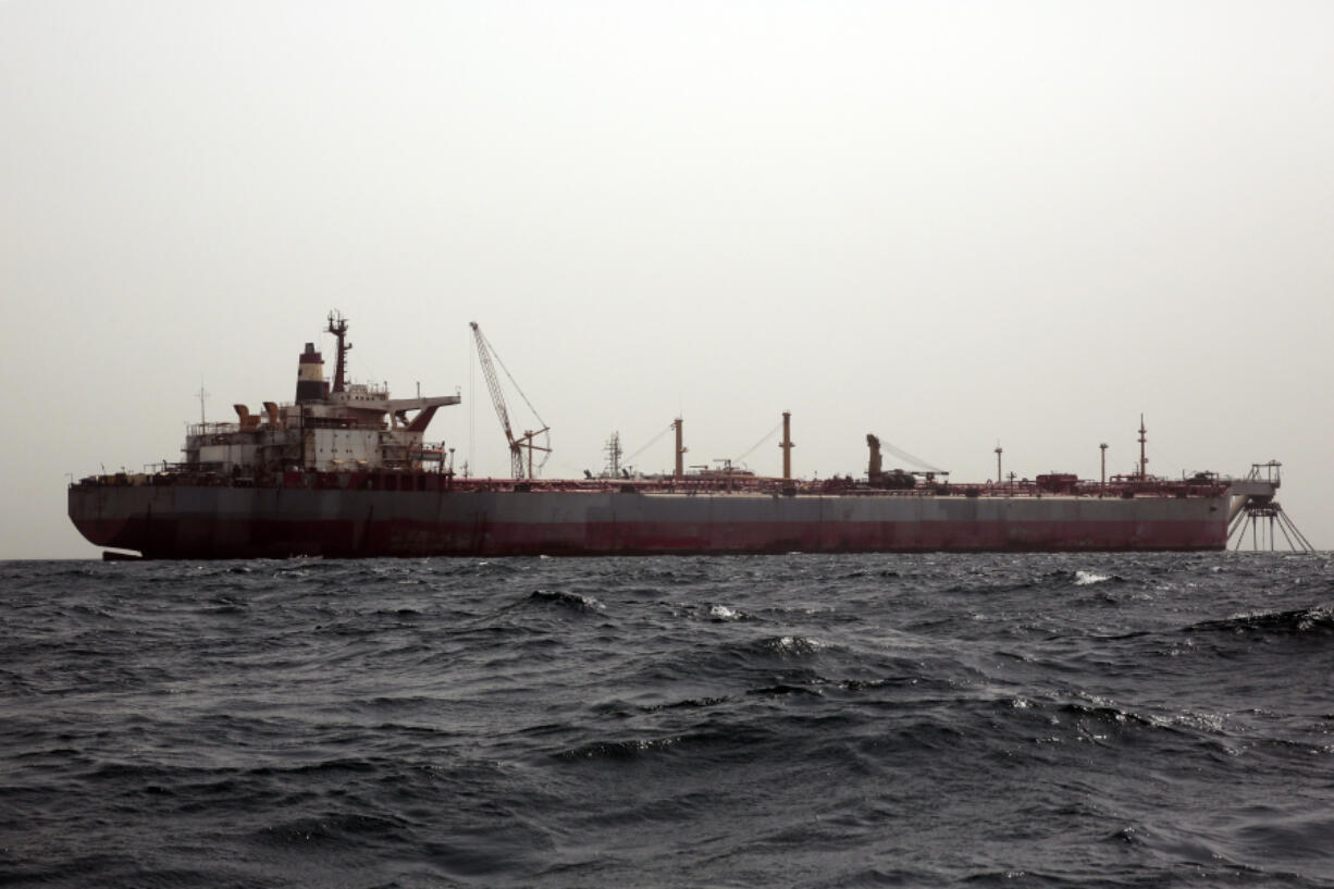 FILE - The 'Safer' tanker is seen on Monday, June 12, 2023, off the coast of Yemen. A senior United Nations official says a salvage team is set to begin siphoning oil out of the decaying tanker moored off the coast of Yemen.