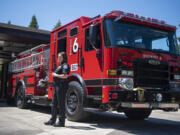 A former Clark County Fire District 6 firefighter has filed a federal lawsuit against the agency alleging a hostile work environment and racial discrimination. The suit names Fire Chief Kristan Maurer, here in July in front of  a new fire engine.