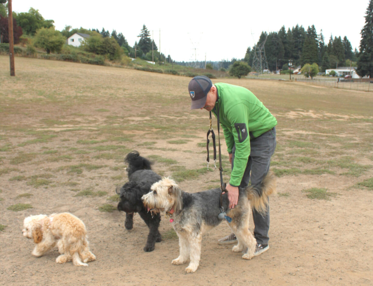 Scott Long of Vancouver, greets his dogs, 9-year-old Beni and 6-year-old Darby, right, at Ike Memorial Dog Park in Vancouver. Six years after an off-leash park in Washougal closed, the idea is  under consideration in Camas.