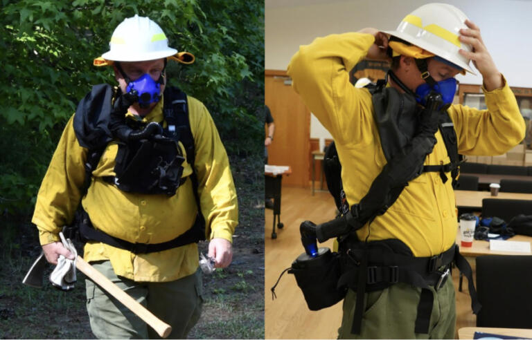 Evaluators participating in the Department of Homeland Security’s field test of a respirator intended for wildland firefighters are shown wearing the chest-mount and hip-mount versions, on May 20, 2022. DHS' National Urban Security Technology Laboratory is working with manufacturers like TDA Research to develop a Wildland Firefighter Respiratory Device (WFRD) capable of meeting both NIOSH and NFPA standards.