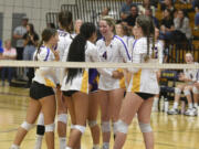 Columbia River's Sydney Dreves (4) celebrates with teammates after a point against Skyview on Wednesday, Sept. 6, 2023 at Columbia River High School.