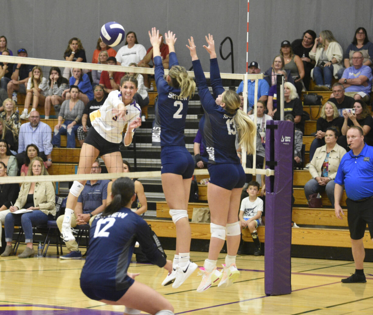 Columbia River outside hitter Lauren Dreves earns a kill against Skyview on Wednesday, Sept. 6, 2023 at Columbia River High School.