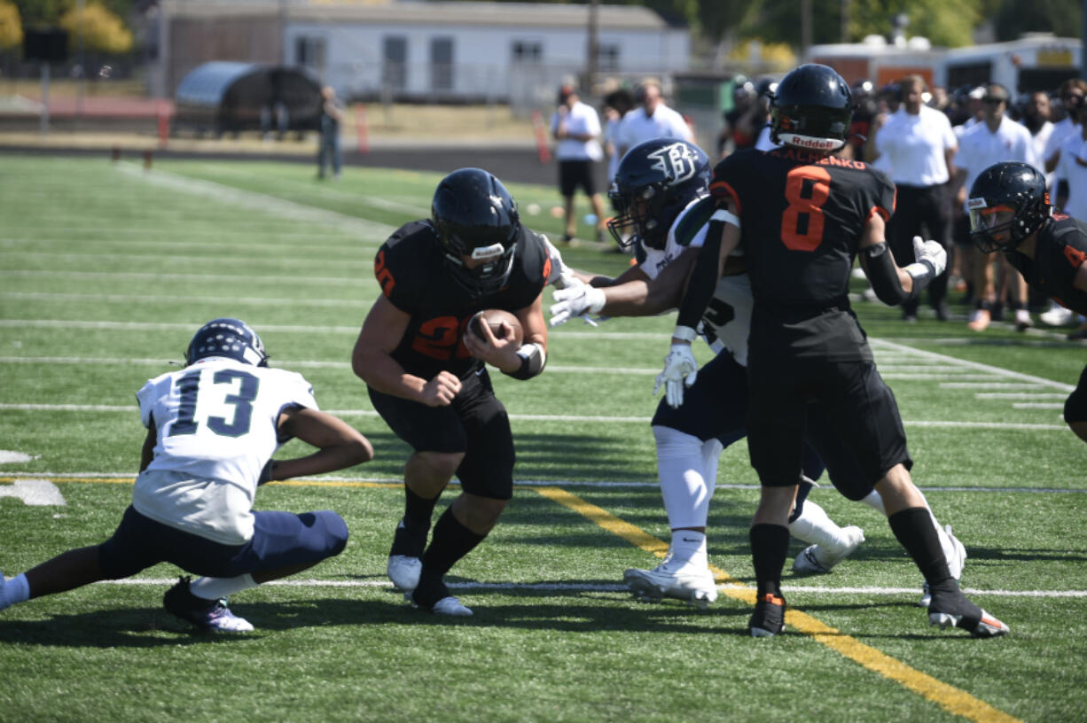 Battle Ground running back Jordan Young scores one of his three touchdowns during a non-leauge football game against Todd Beamer on Saturday, Spet. 9, 2023 at District Stadium in Battel Ground.