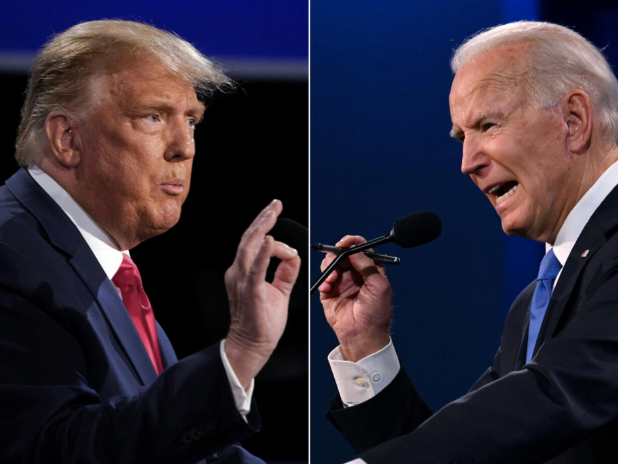 This combination of pictures from Oct. 22, 2020, shows then-President Donald Trump, left, and then-Democratic presidential candidate Joe Biden during the final presidential debate at Belmont University in Nashville, Tennessee.