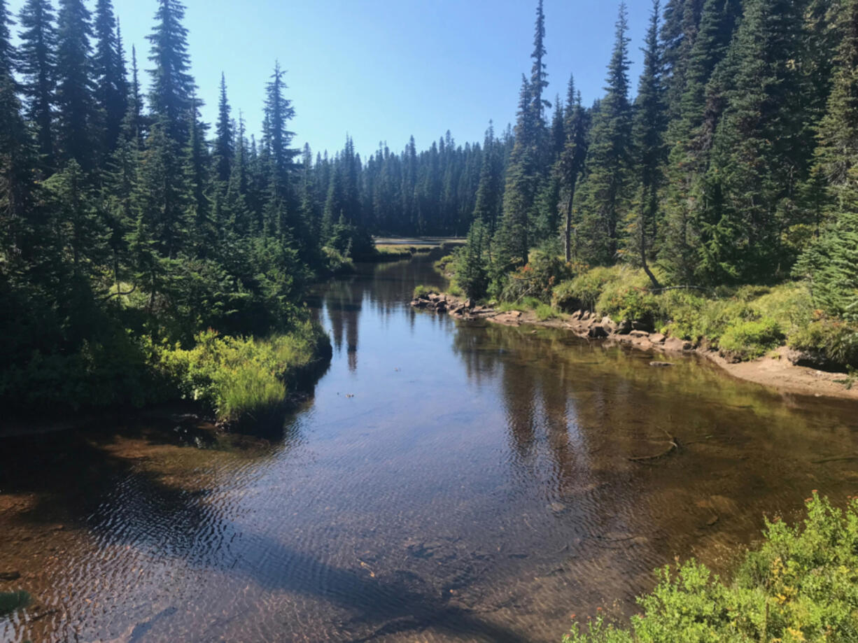 Rush Creek begins on the slopes of Lemei Rock, then flows into Lemei Lake, shown here, before leaving the lake at the other end and flowing in the North Fork of the Lewis River.