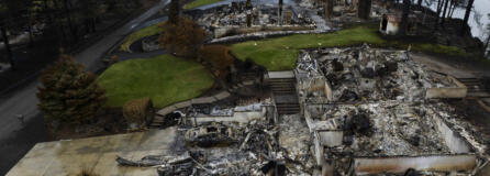 Homes were razed by the Gray Fire on the western shore of Silver Lake on Aug. 31, 2023.