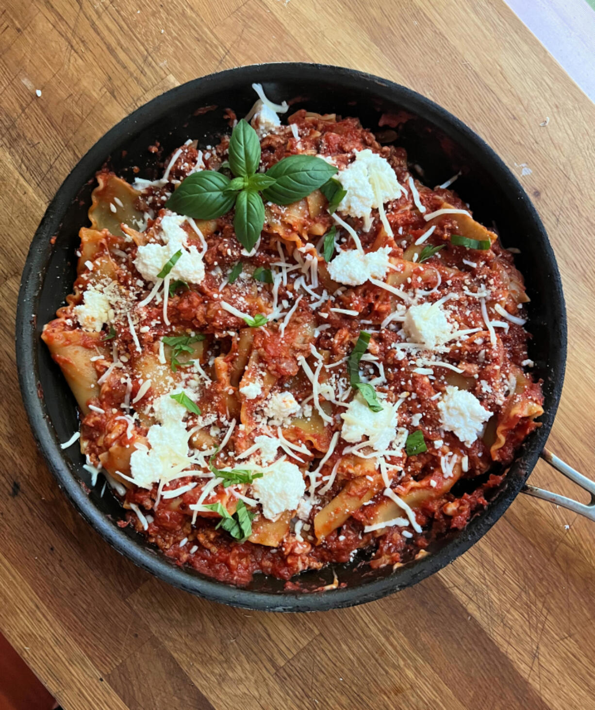 Skillet lasagna is made on the stovetop instead of in the oven, and requires no boiling.