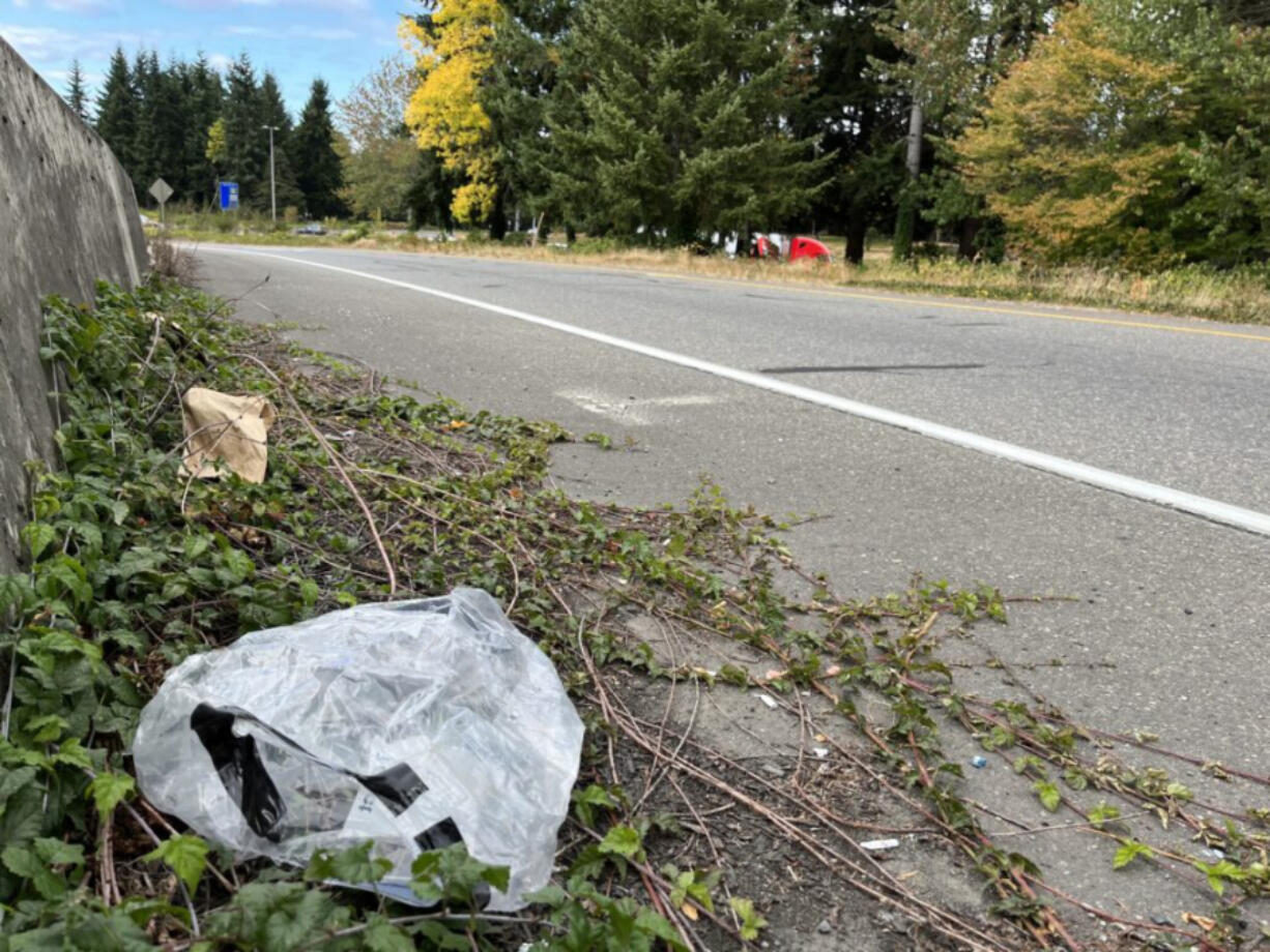 Litter is seen alongside an Interstate 5 offramp near Lacey.