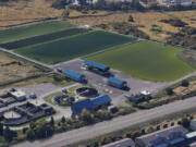 An aerial view shows the city of Washougal's wastewater treatment plant this year. The city has received a $10 million loan from the Washington State Public Works Board to help construct a biosolids facility at the treatment plant.