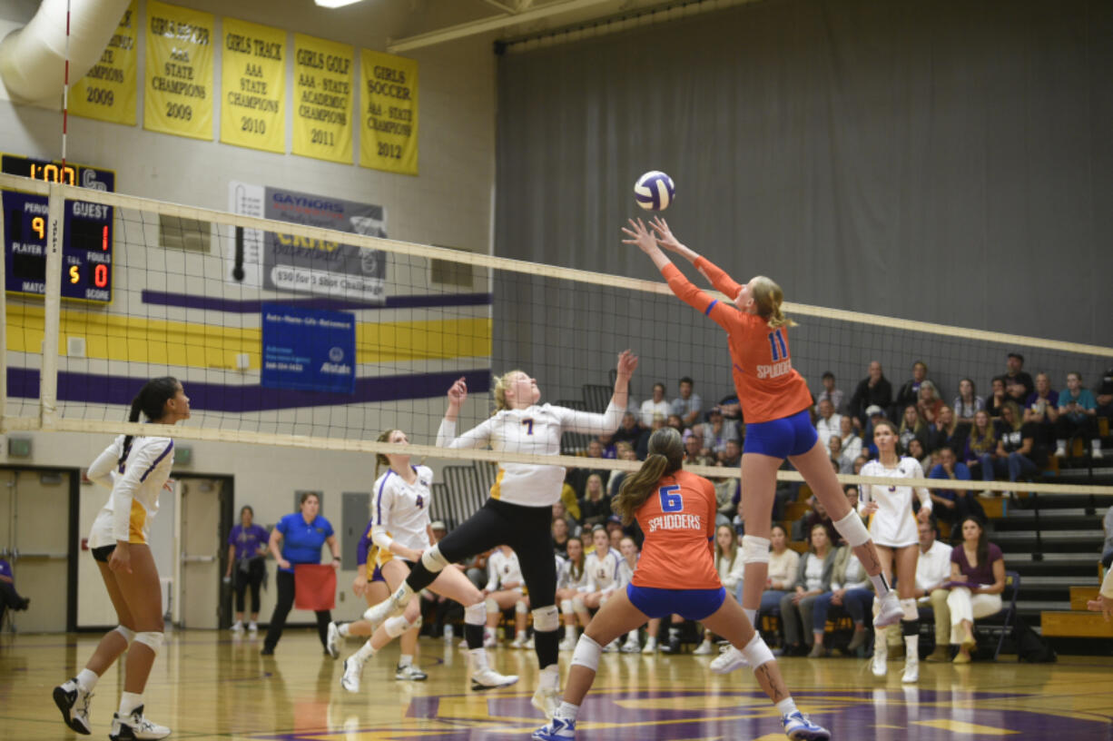 The Columbia River and Ridgefield volleyball teams play a Class 2A Greater St. Helens League match on Monday, Sept. 25, 2023 at Columbia River High School.