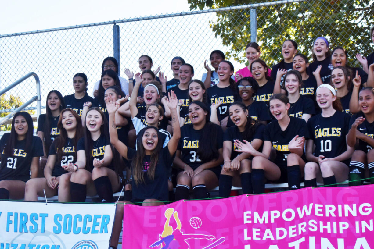 Yaneisy Rodriguez, a professional soccer player and Columbia River High graduate, poses for a photo with soccer players at Hudson's Bay High School as an ambassador for ELLA Sports Foundation, a non-profit dedicated to promoting and supporting Latina athletes on Friday, Sept. 22, 2023.